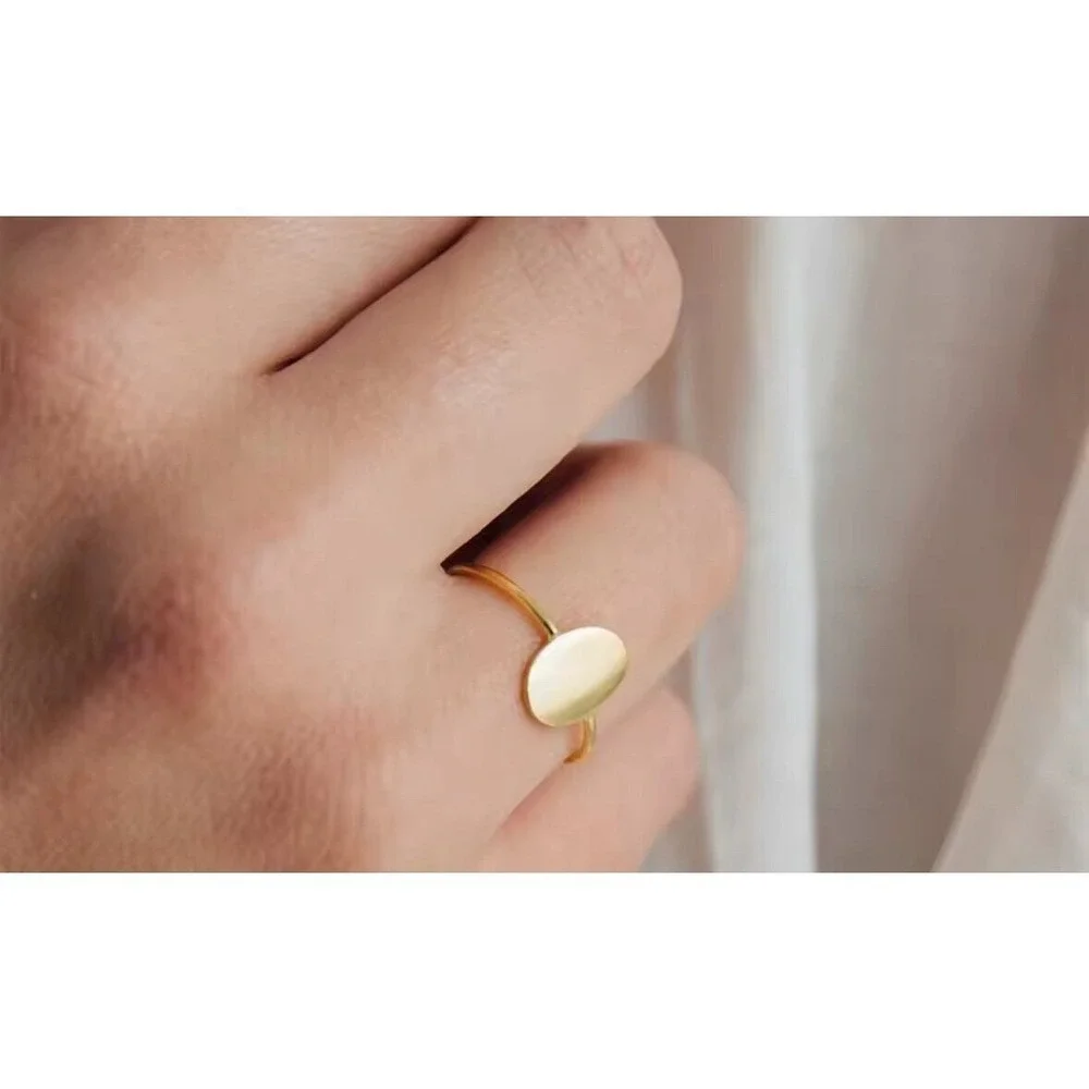 14k Gold over Silver Oval Signet Ring Minimalist Stacking Band‎ Statement Ring
